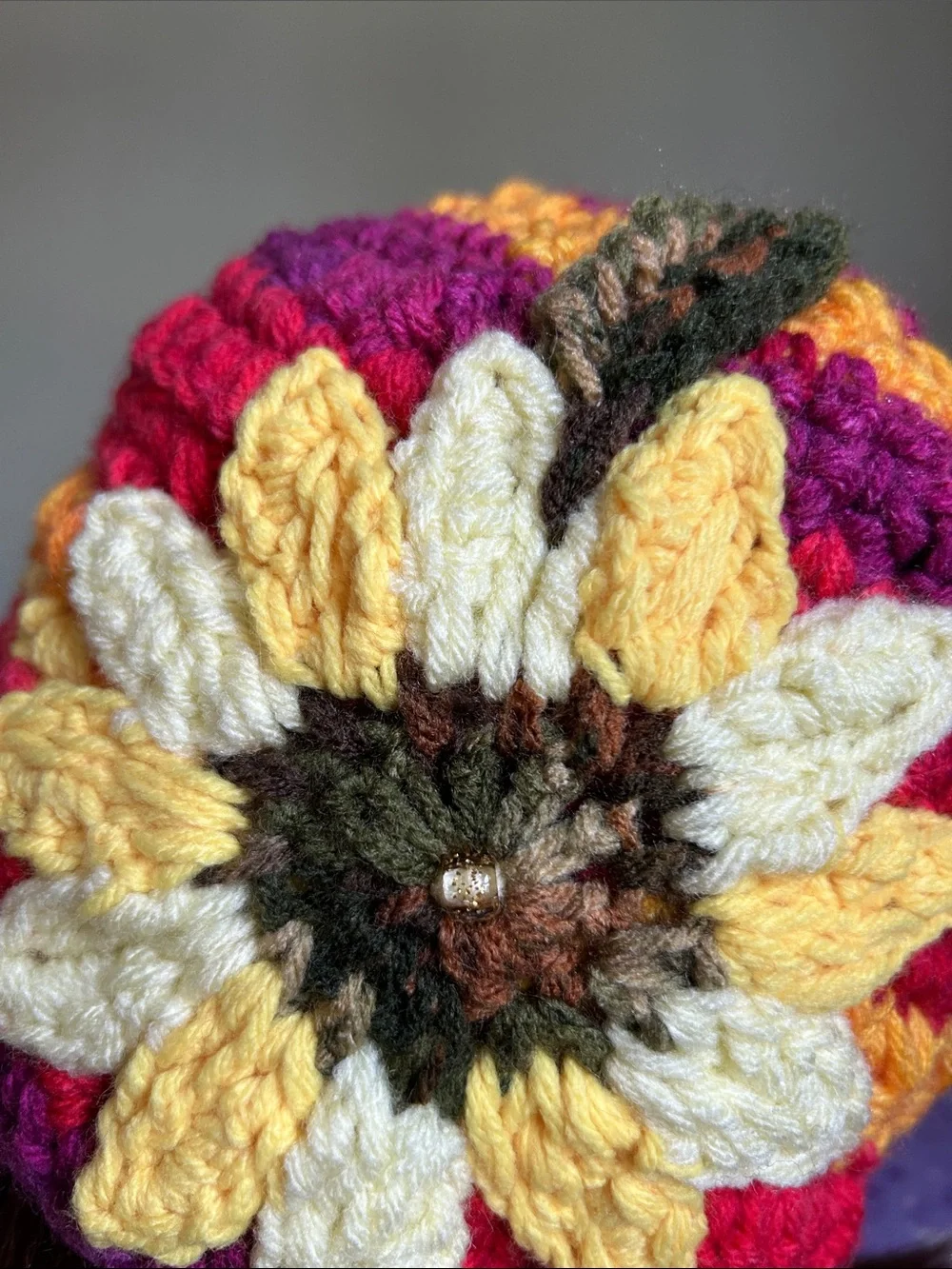 Hand-Crocheted Multicolor Sunflower Beanie - Yellow Accent medium